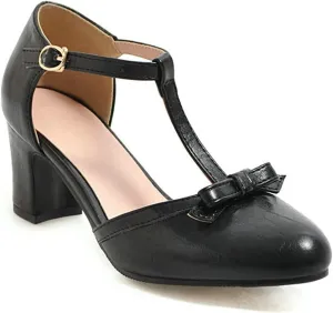 Womens Ankle T-Strap Pumps Bowknot Closed Toe Sandals Buckle Comfy Casual Block Mid Heel Dress Shoes