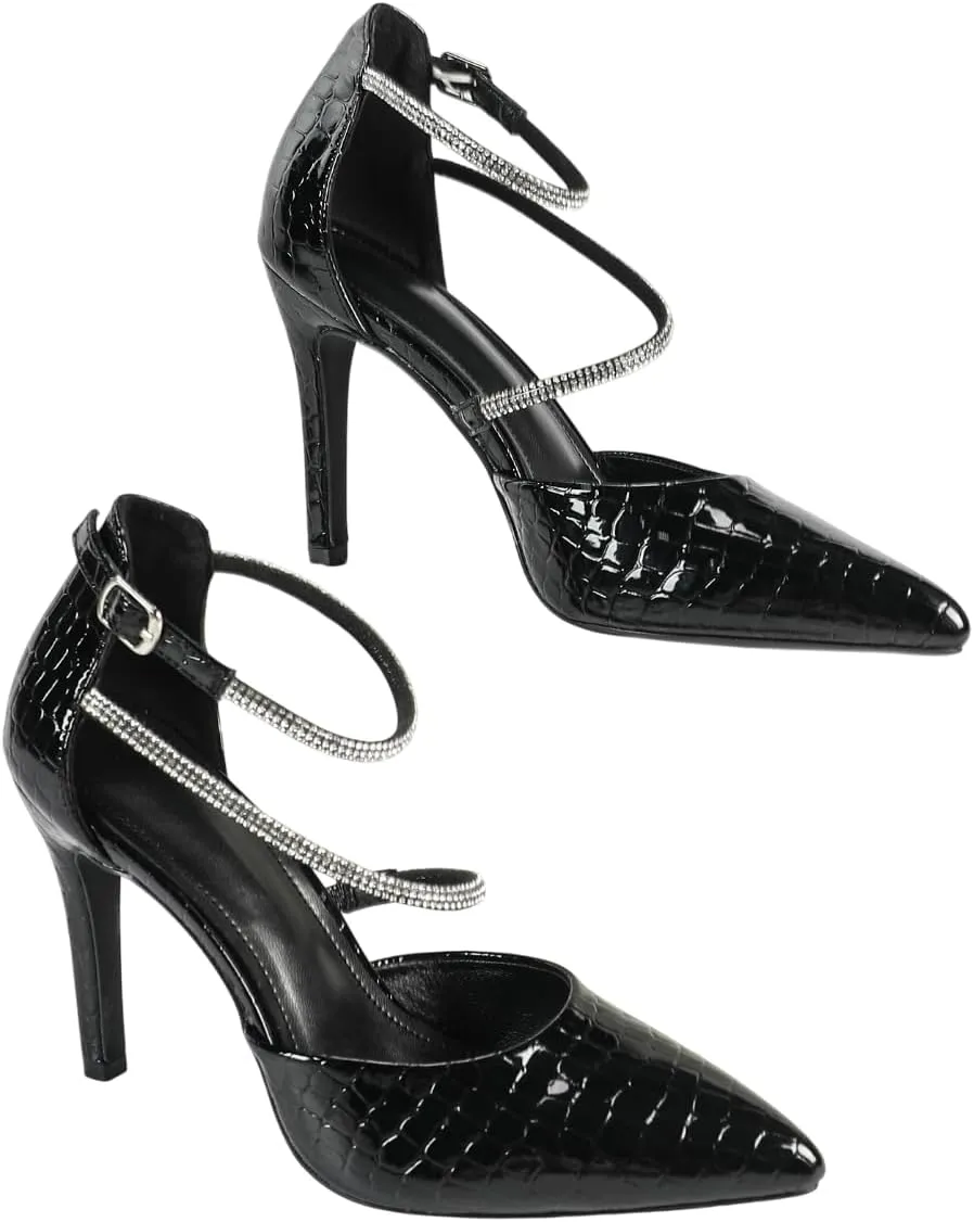 Women's Black Patent Leather High-Heel Shoes | Pointed-Toe Rhinestone Strap Pumps with Adjustable Buckle | Slender Heel Business Evening Shoes | 2025 Trendy Elegant Heels