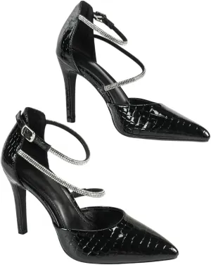 Women's Black Patent Leather High-Heel Shoes | Pointed-Toe Rhinestone Strap Pumps with Adjustable Buckle | Slender Heel Business Evening Shoes | 2025 Trendy Elegant Heels