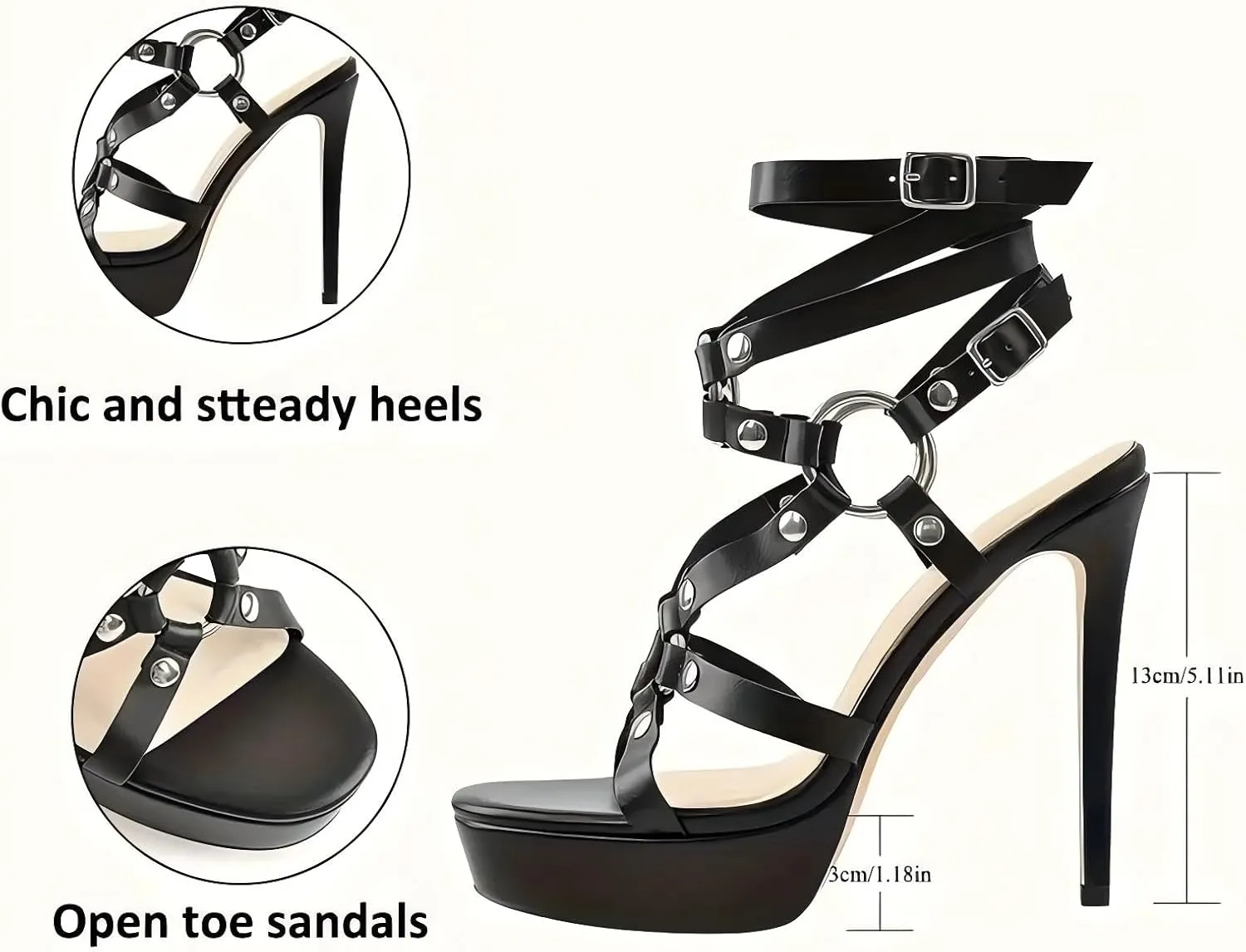 Women's Black Punk Sexy High Heels Open Toe Buckle Platform Ankle Strap Stiletto Heel