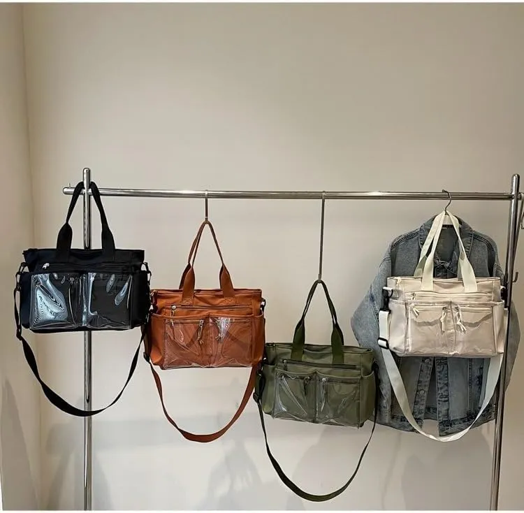 Women's Casual Tote Bag With Clear Pocket,Solid Color Simple Crossbody Bag,Oxford Cloth Shoulder Bag Hobo Purse