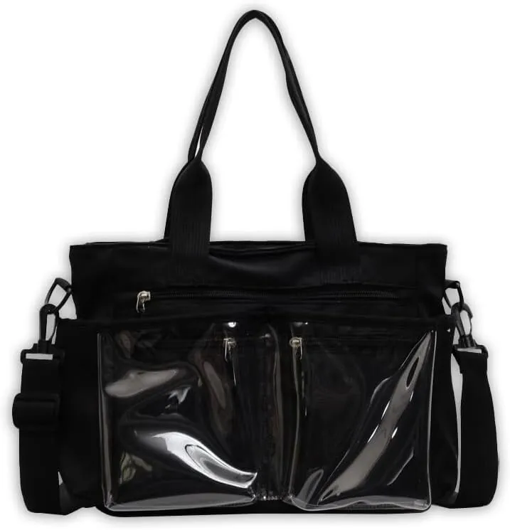 Women's Casual Tote Bag With Clear Pocket,Solid Color Simple Crossbody Bag,Oxford Cloth Shoulder Bag Hobo Purse