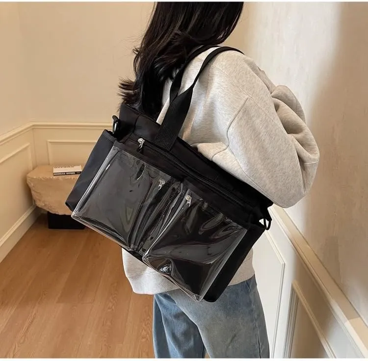 Women's Casual Tote Bag With Clear Pocket,Solid Color Simple Crossbody Bag,Oxford Cloth Shoulder Bag Hobo Purse