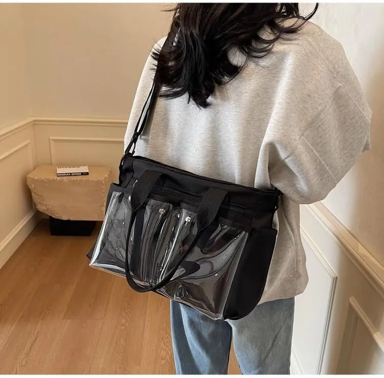 Women's Casual Tote Bag With Clear Pocket,Solid Color Simple Crossbody Bag,Oxford Cloth Shoulder Bag Hobo Purse