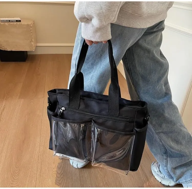 Women's Casual Tote Bag With Clear Pocket,Solid Color Simple Crossbody Bag,Oxford Cloth Shoulder Bag Hobo Purse