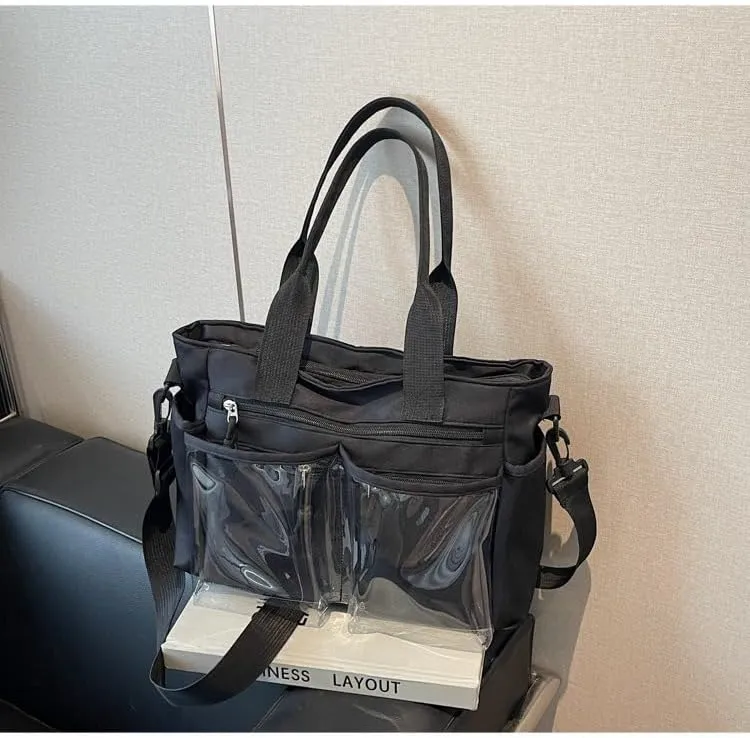 Women's Casual Tote Bag With Clear Pocket,Solid Color Simple Crossbody Bag,Oxford Cloth Shoulder Bag Hobo Purse
