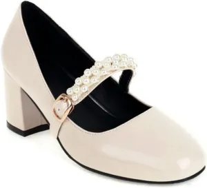 Women's Chunky Heel Mary Jane Pumps Pearl Ankle Strap Patent Leather Square Toe Daily Dress Shoes