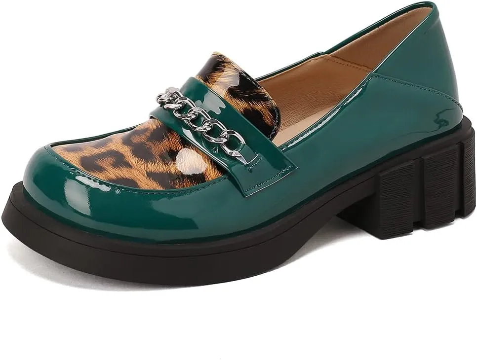 Women's Classic Leopard Slip On Penny Loafers Round Toe Patent Leather Low Heel Dress Oxford Shoes