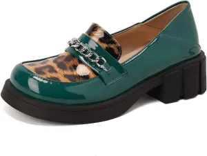 Women's Classic Leopard Slip On Penny Loafers Round Toe Patent Leather Low Heel Dress Oxford Shoes