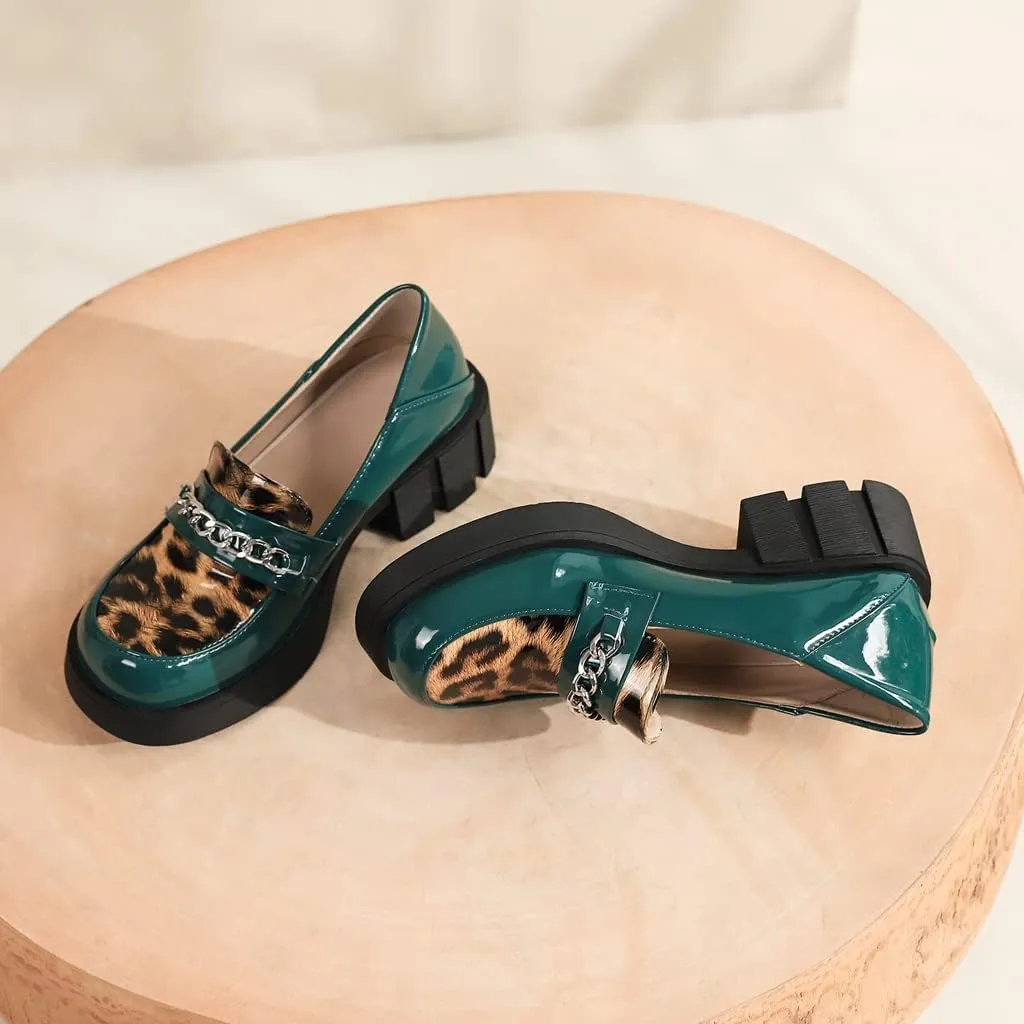 Women's Classic Leopard Slip On Penny Loafers Round Toe Patent Leather Low Heel Dress Oxford Shoes