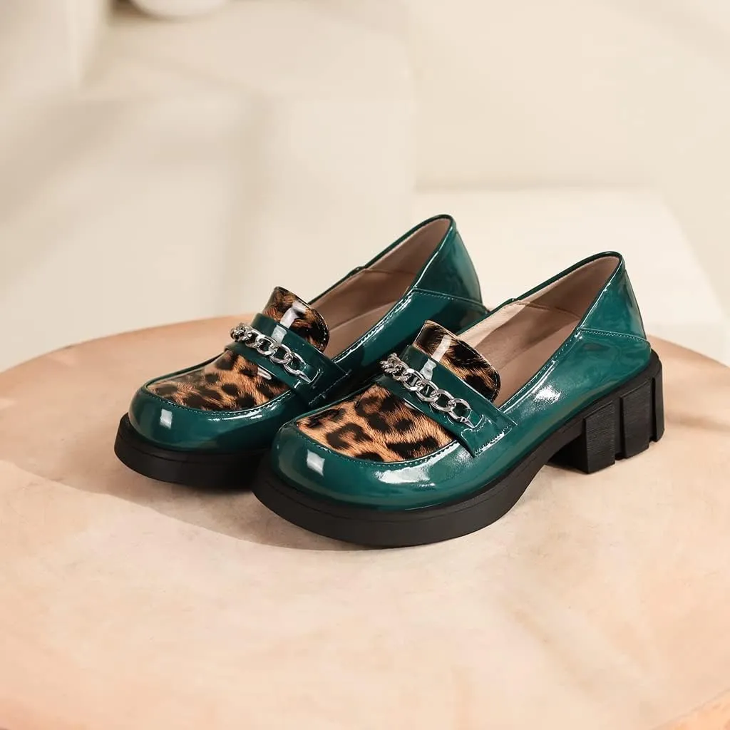 Women's Classic Leopard Slip On Penny Loafers Round Toe Patent Leather Low Heel Dress Oxford Shoes