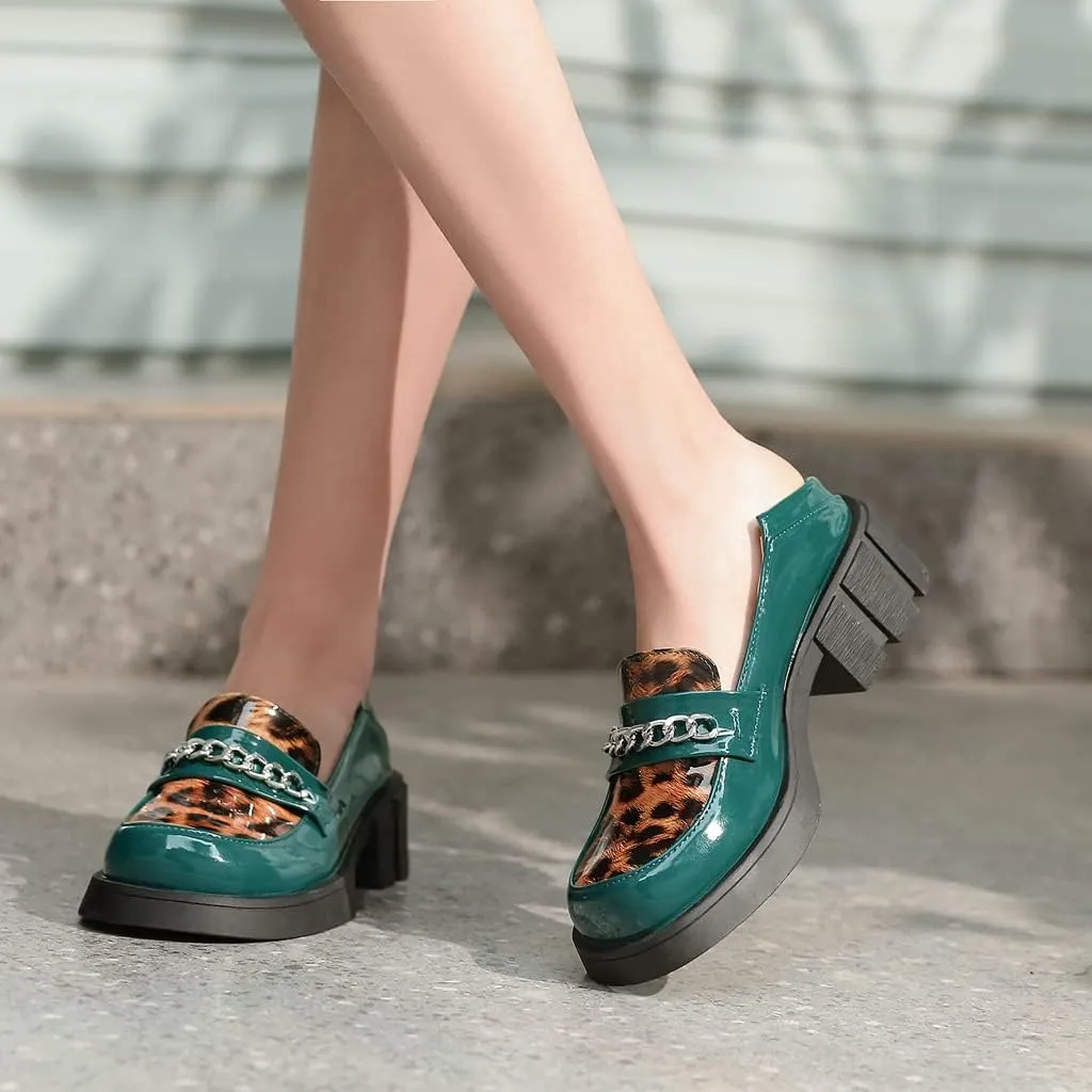 Women's Classic Leopard Slip On Penny Loafers Round Toe Patent Leather Low Heel Dress Oxford Shoes