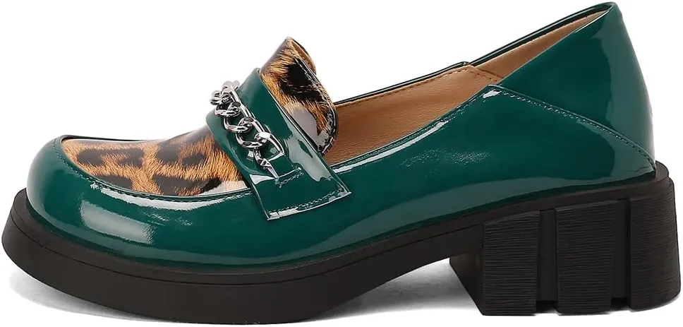 Women's Classic Leopard Slip On Penny Loafers Round Toe Patent Leather Low Heel Dress Oxford Shoes