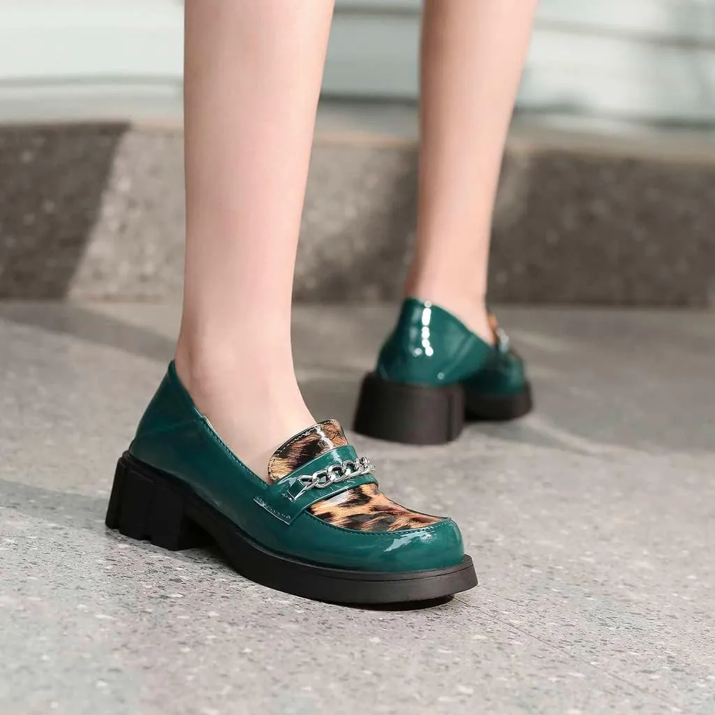Women's Classic Leopard Slip On Penny Loafers Round Toe Patent Leather Low Heel Dress Oxford Shoes