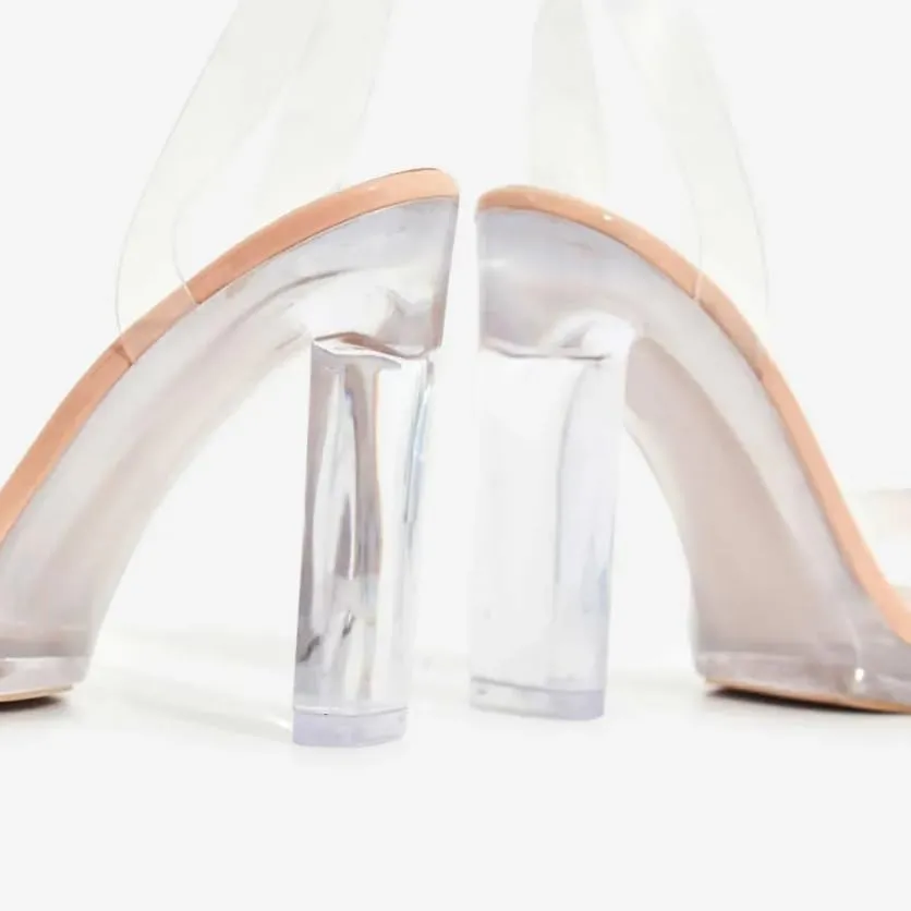Women's Clear Chunky Block High Heels for Women, Transparent Strappy Open Toe Shoes Heels for Women