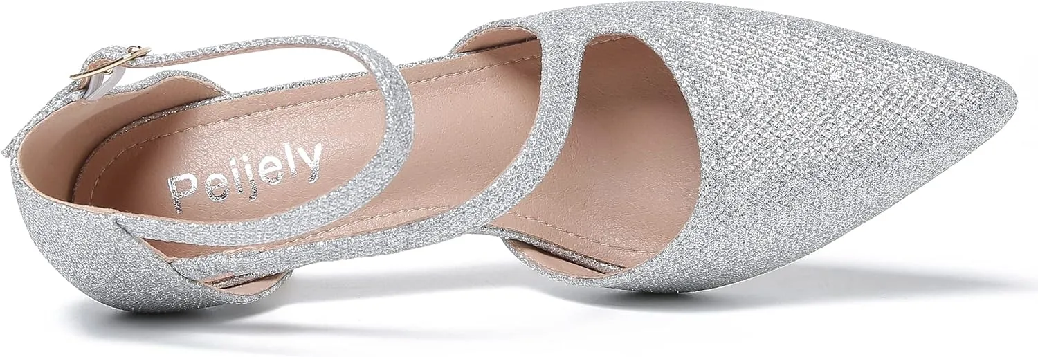 Women's Closed Pointed Toe Heels Ankle Strap D'Orsay Kitten Heel Dressy Pumps