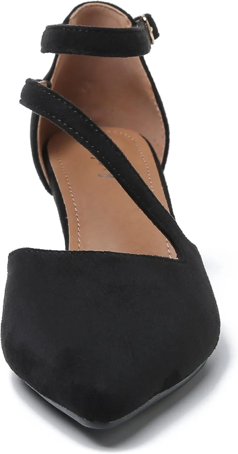 Women's Closed Pointed Toe Heels Ankle Strap D'Orsay Kitten Heel Dressy Pumps