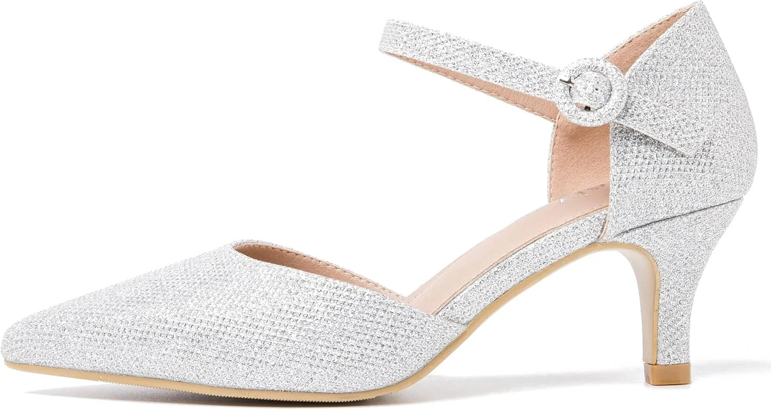 Women's Closed Pointed Toe Heels Ankle Strap D'Orsay Kitten Heel Dressy Pumps