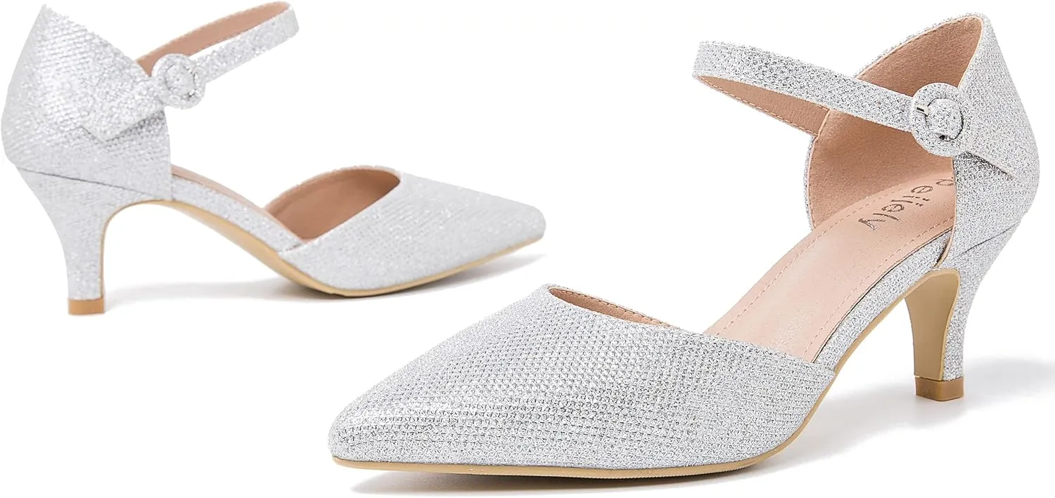 Women's Closed Pointed Toe Heels Ankle Strap D'Orsay Kitten Heel Dressy Pumps