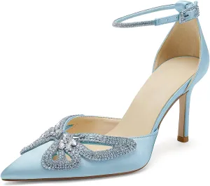 Women's Closed Pointed Toe Pumps Rhinestone Bow Sparkly Wedding Shoes High Stiletto Heels Satin Ankle Strap Heeled Prom Dress Sandals