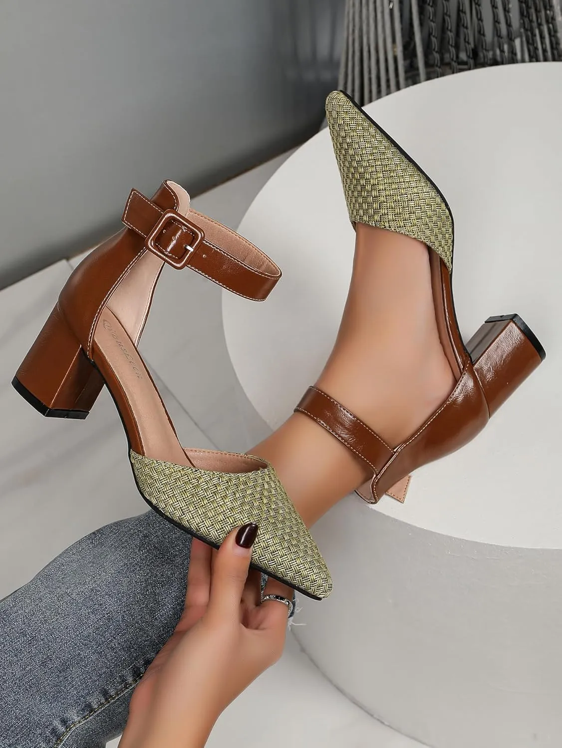 Women's Closed Toe Block Heels with Ankle Strap Two Tone Casual Pointed Toe D'Orsay Woven Pumps Womens Low Chunky Heels Shoes