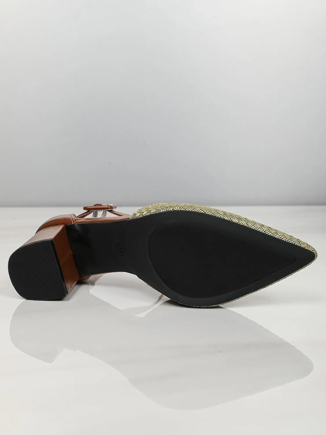 Women's Closed Toe Block Heels with Ankle Strap Two Tone Casual Pointed Toe D'Orsay Woven Pumps Womens Low Chunky Heels Shoes