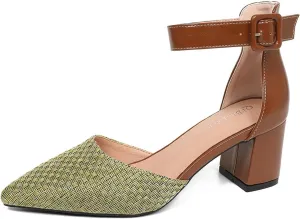 Women's Closed Toe Block Heels with Ankle Strap Two Tone Casual Pointed Toe D'Orsay Woven Pumps Womens Low Chunky Heels Shoes