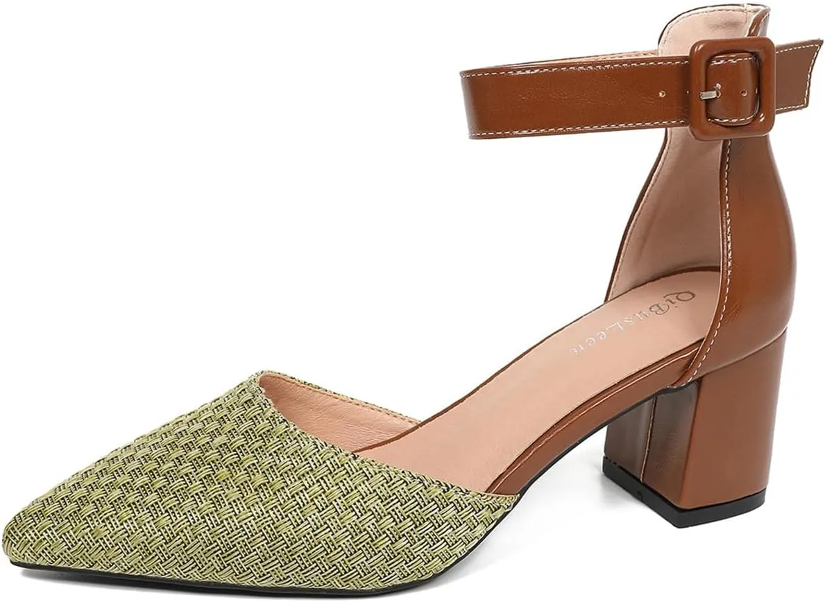Women's Closed Toe Block Heels with Ankle Strap Two Tone Casual Pointed Toe D'Orsay Woven Pumps Womens Low Chunky Heels Shoes