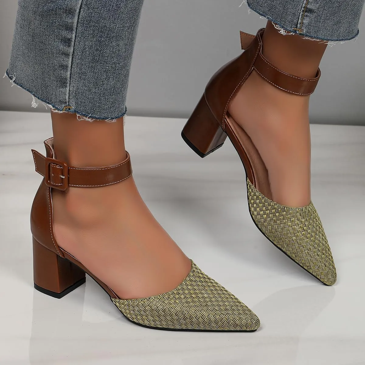 Women's Closed Toe Block Heels with Ankle Strap Two Tone Casual Pointed Toe D'Orsay Woven Pumps Womens Low Chunky Heels Shoes