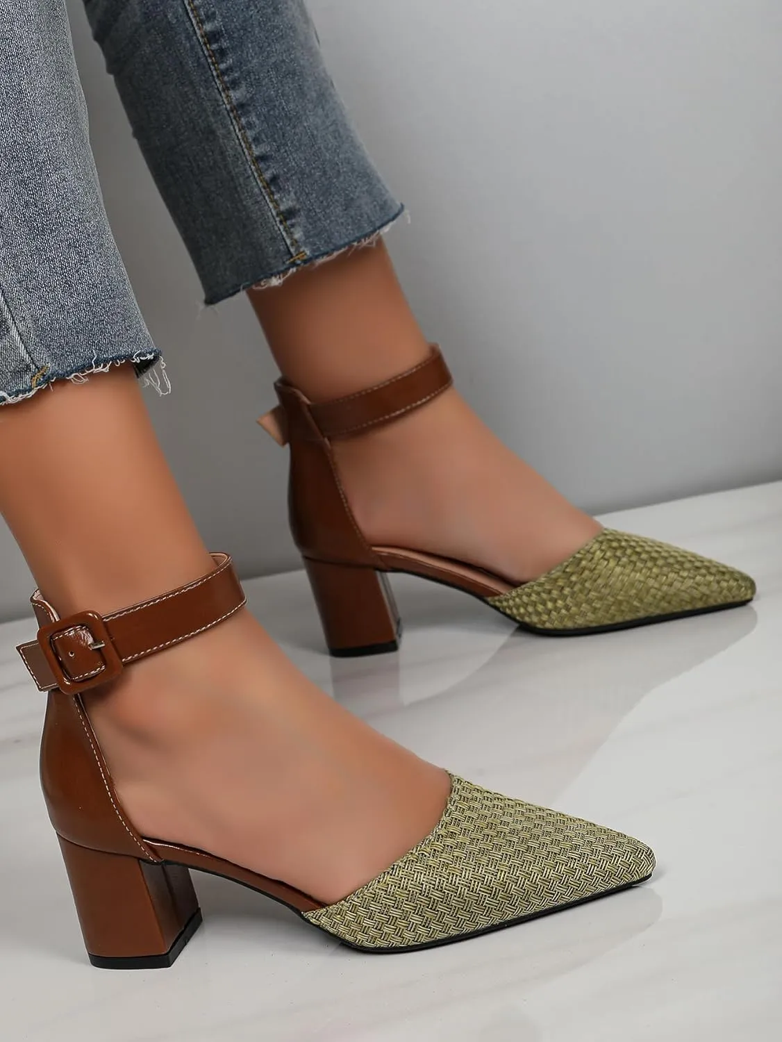 Women's Closed Toe Block Heels with Ankle Strap Two Tone Casual Pointed Toe D'Orsay Woven Pumps Womens Low Chunky Heels Shoes