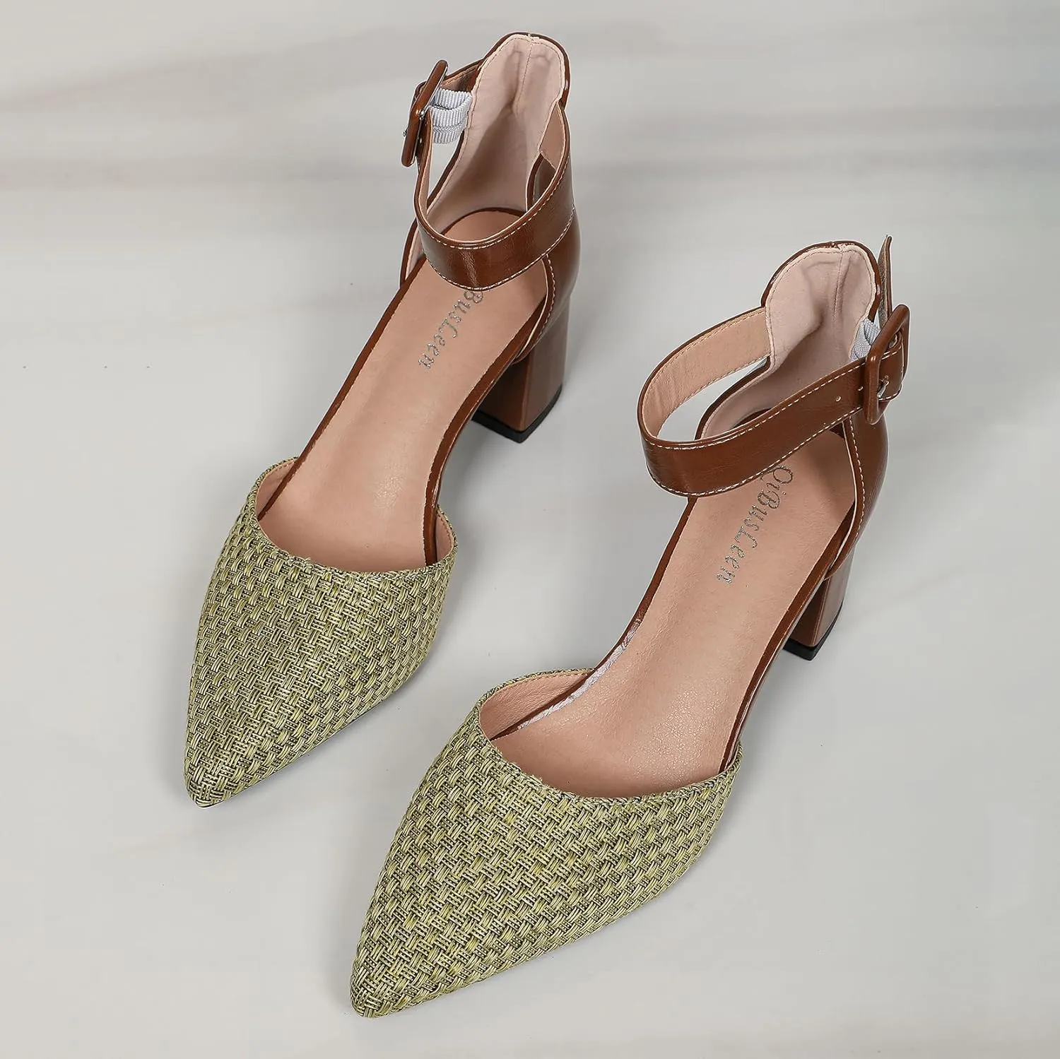Women's Closed Toe Block Heels with Ankle Strap Two Tone Casual Pointed Toe D'Orsay Woven Pumps Womens Low Chunky Heels Shoes