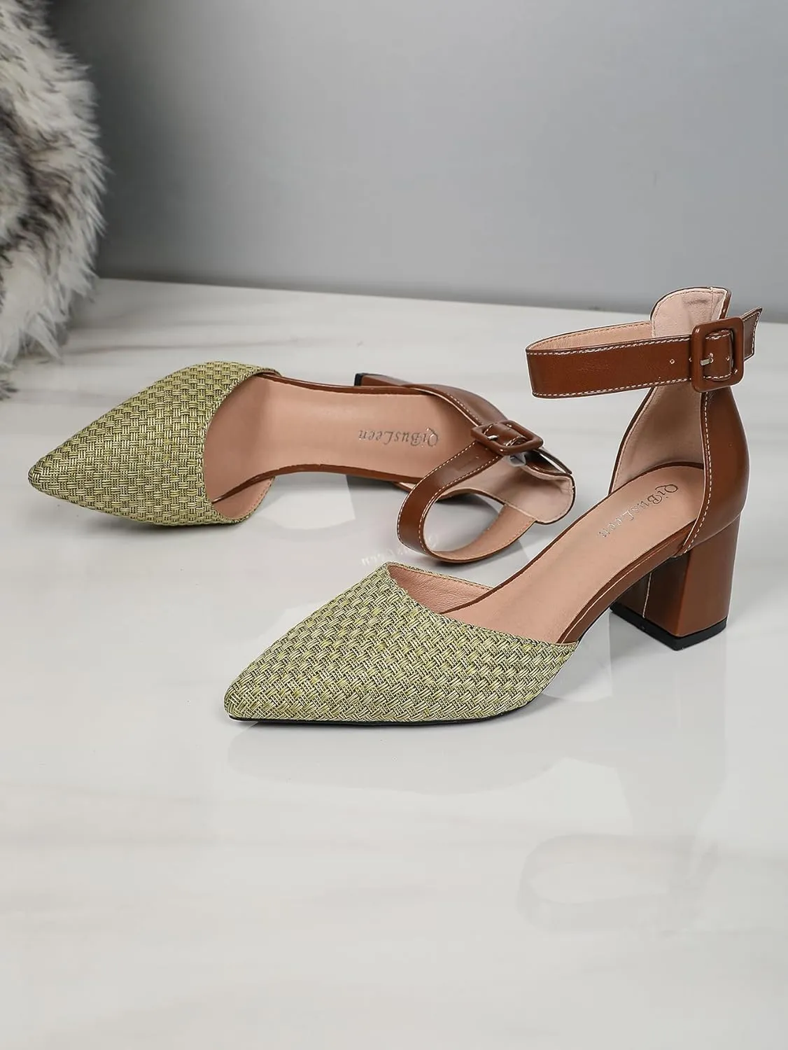 Women's Closed Toe Block Heels with Ankle Strap Two Tone Casual Pointed Toe D'Orsay Woven Pumps Womens Low Chunky Heels Shoes