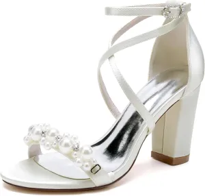 Womens Crisscross Ankle Strap Sandals Open Toe Wedding Party Dress Pearl Shoes High Heel Bridal Shoes