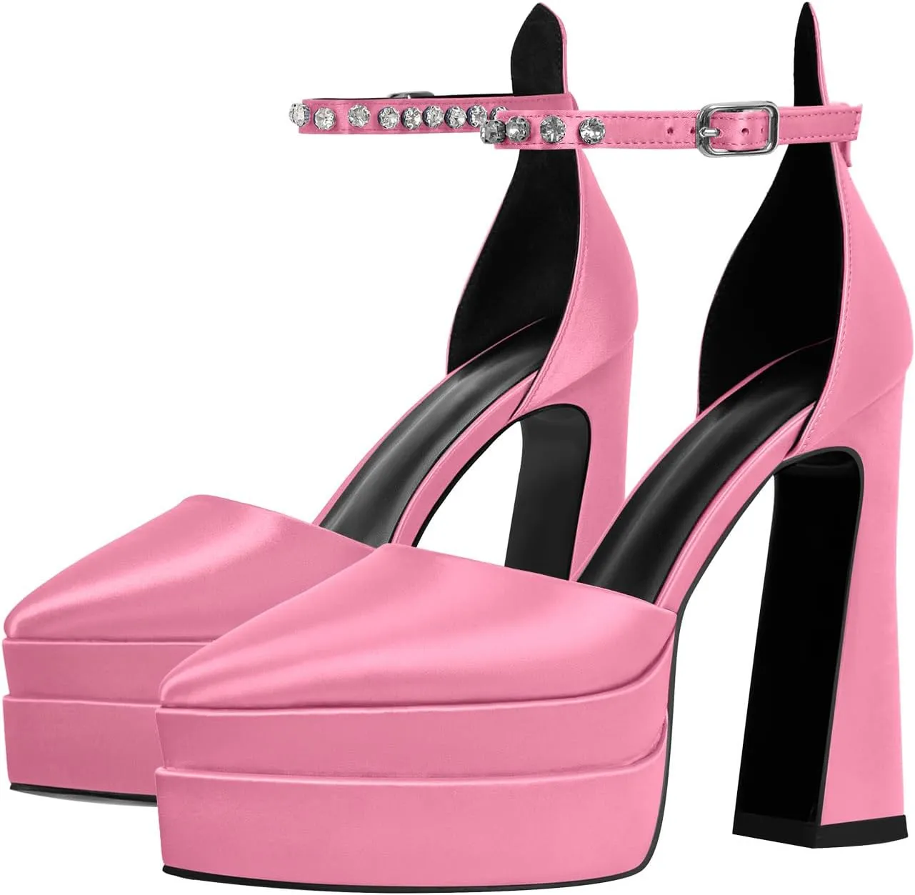 Women’s Double High Chunky Platform Pointed Closed Toe Chunky Heels Ankle Strap Rhinestone Pumps Shoes for Dress Wedding Party