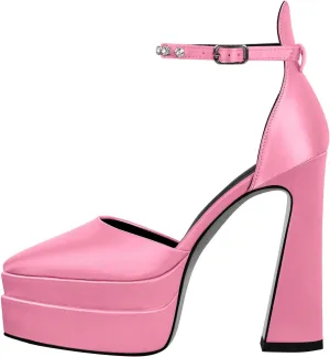 Women’s Double High Chunky Platform Pointed Closed Toe Chunky Heels Ankle Strap Rhinestone Pumps Shoes for Dress Wedding Party