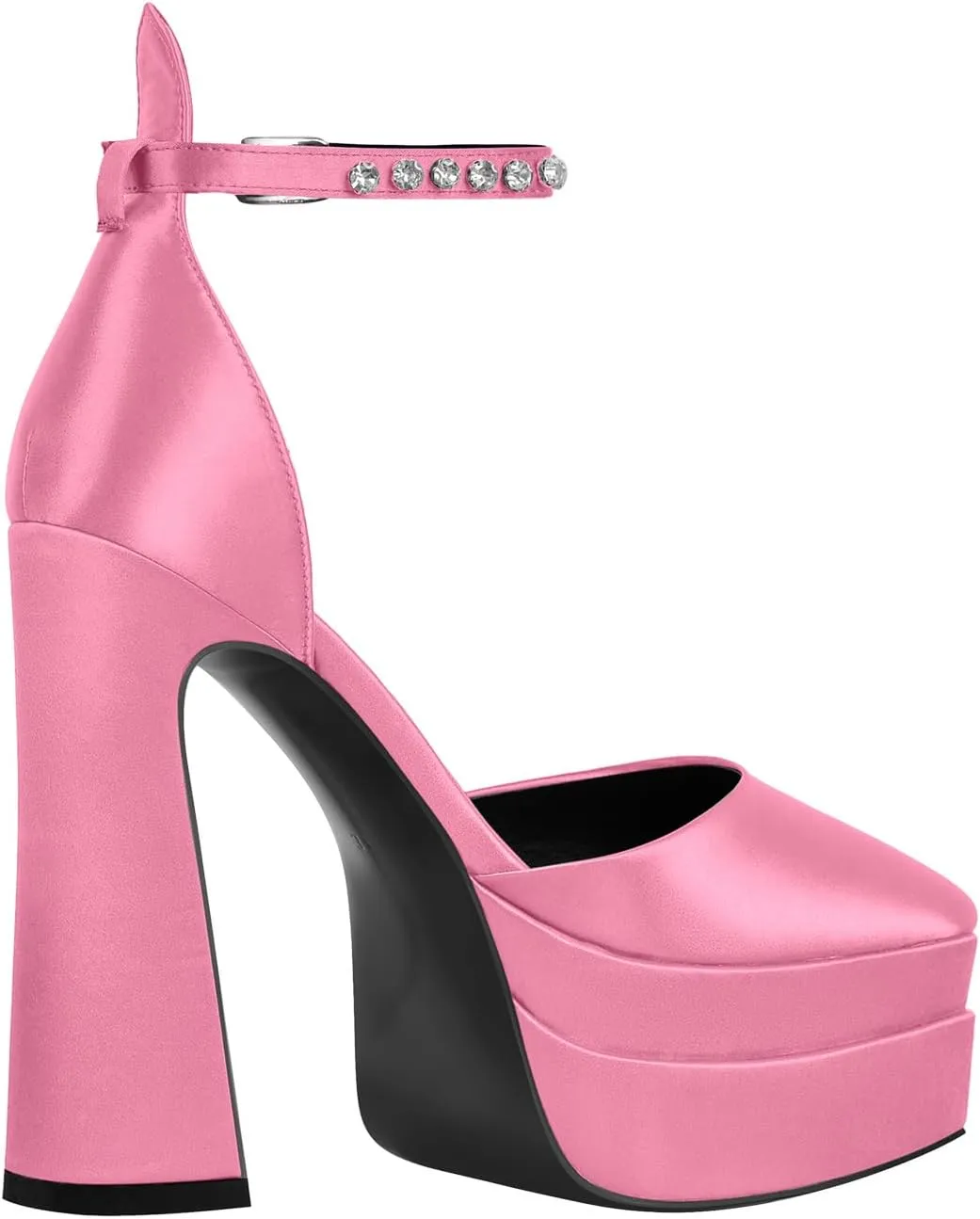 Women’s Double High Chunky Platform Pointed Closed Toe Chunky Heels Ankle Strap Rhinestone Pumps Shoes for Dress Wedding Party