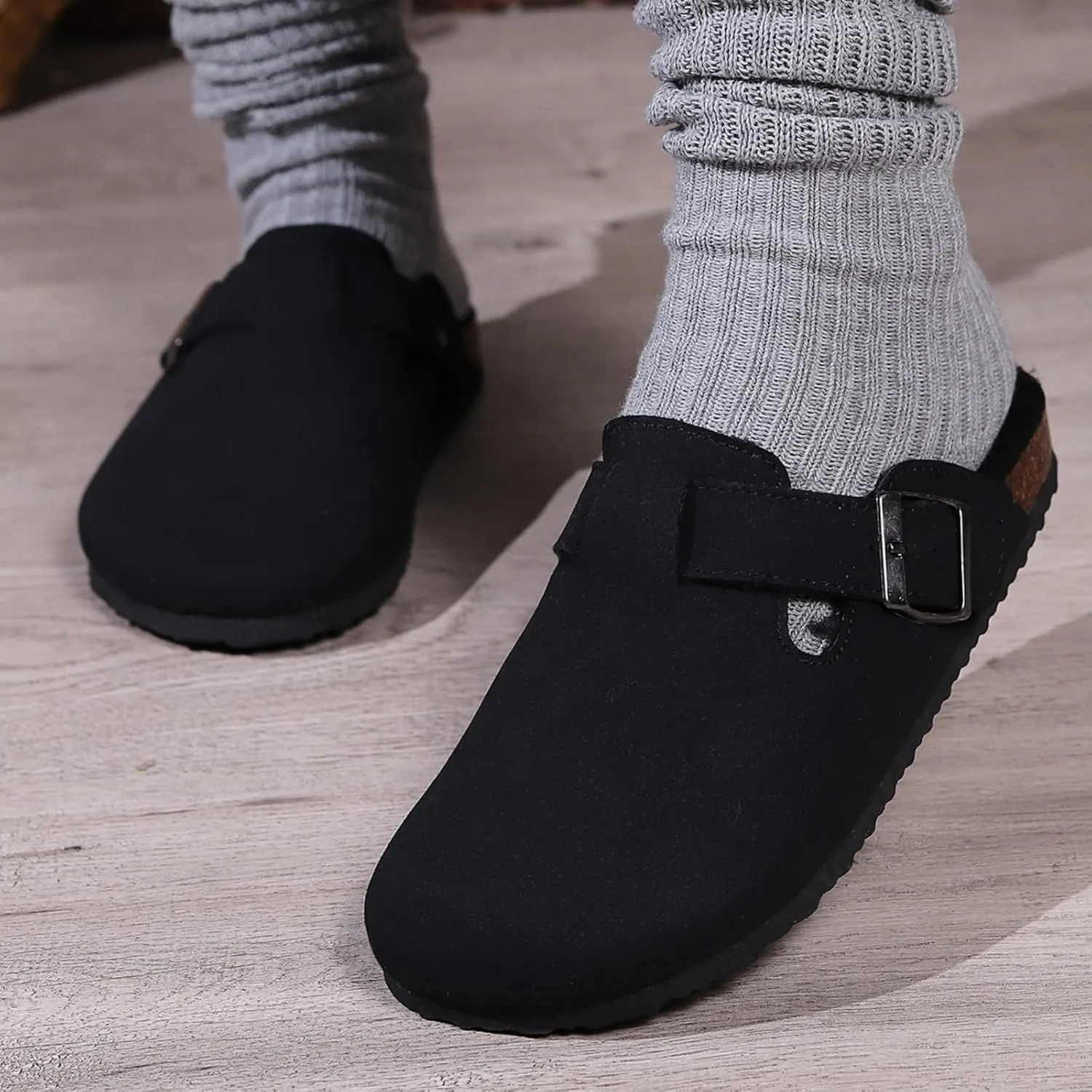Women's Faux Suede Slip-On Clogs with Buckle Strap Faux Fur Lining Womens Slippers
