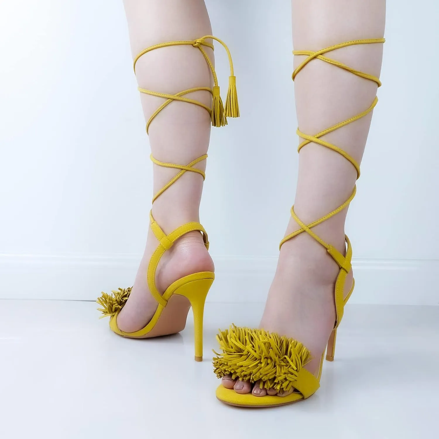 Women's Fringe High Heel Sandals Open Toe Stiletto Tassels Sandals Ladies Fashion Strappy Heeled Sandals