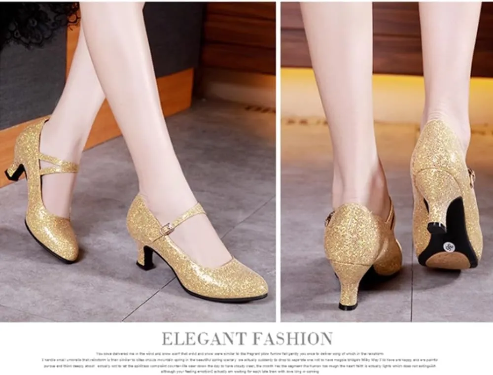 Women's Glitter Leather Latin Ballroom Dance Shoes Closed Toe Y Strap Cowhide Sole Dancing Heels Salsa, Party Dress Shoes Low Heels, Ankle Strap Pumps