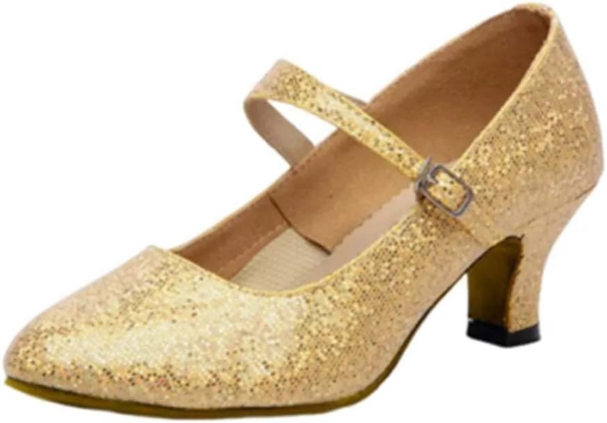 Women's Glitter Leather Latin Ballroom Dance Shoes Closed Toe Y Strap Cowhide Sole Dancing Heels Salsa, Party Dress Shoes Low Heels, Ankle Strap Pumps
