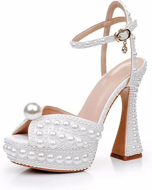 Womens High Heel Sandals, 13 CM Pearl Fish Mouth Thick Sole Hollow Pumps White Bridal Wedding Dress Shoes Waterproof Platform for Party Banquet