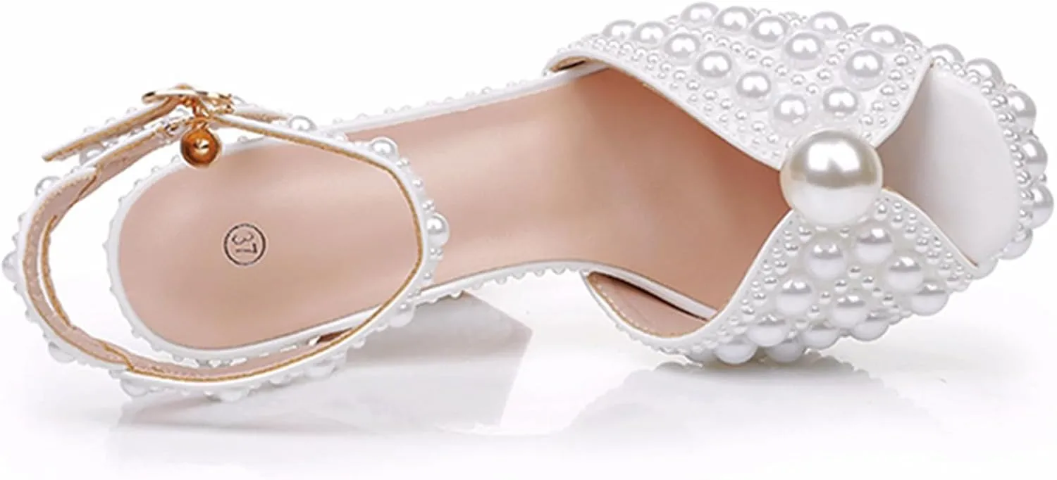 Womens High Heel Sandals, 13 CM Pearl Fish Mouth Thick Sole Hollow Pumps White Bridal Wedding Dress Shoes Waterproof Platform for Party Banquet