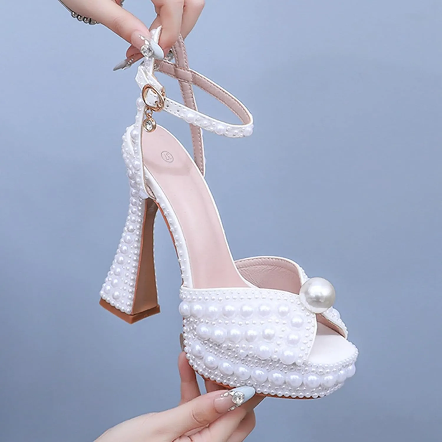 Womens High Heel Sandals, 13 CM Pearl Fish Mouth Thick Sole Hollow Pumps White Bridal Wedding Dress Shoes Waterproof Platform for Party Banquet