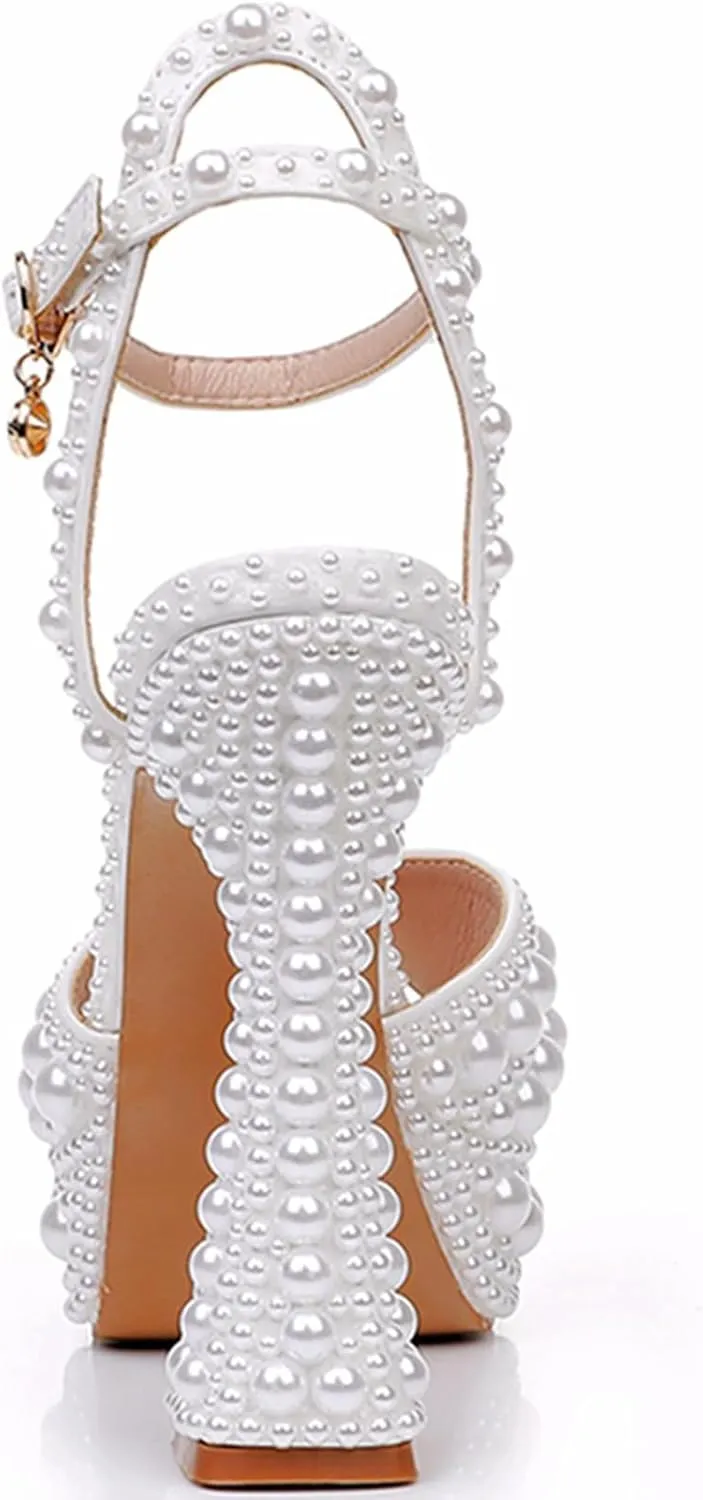 Womens High Heel Sandals, 13 CM Pearl Fish Mouth Thick Sole Hollow Pumps White Bridal Wedding Dress Shoes Waterproof Platform for Party Banquet