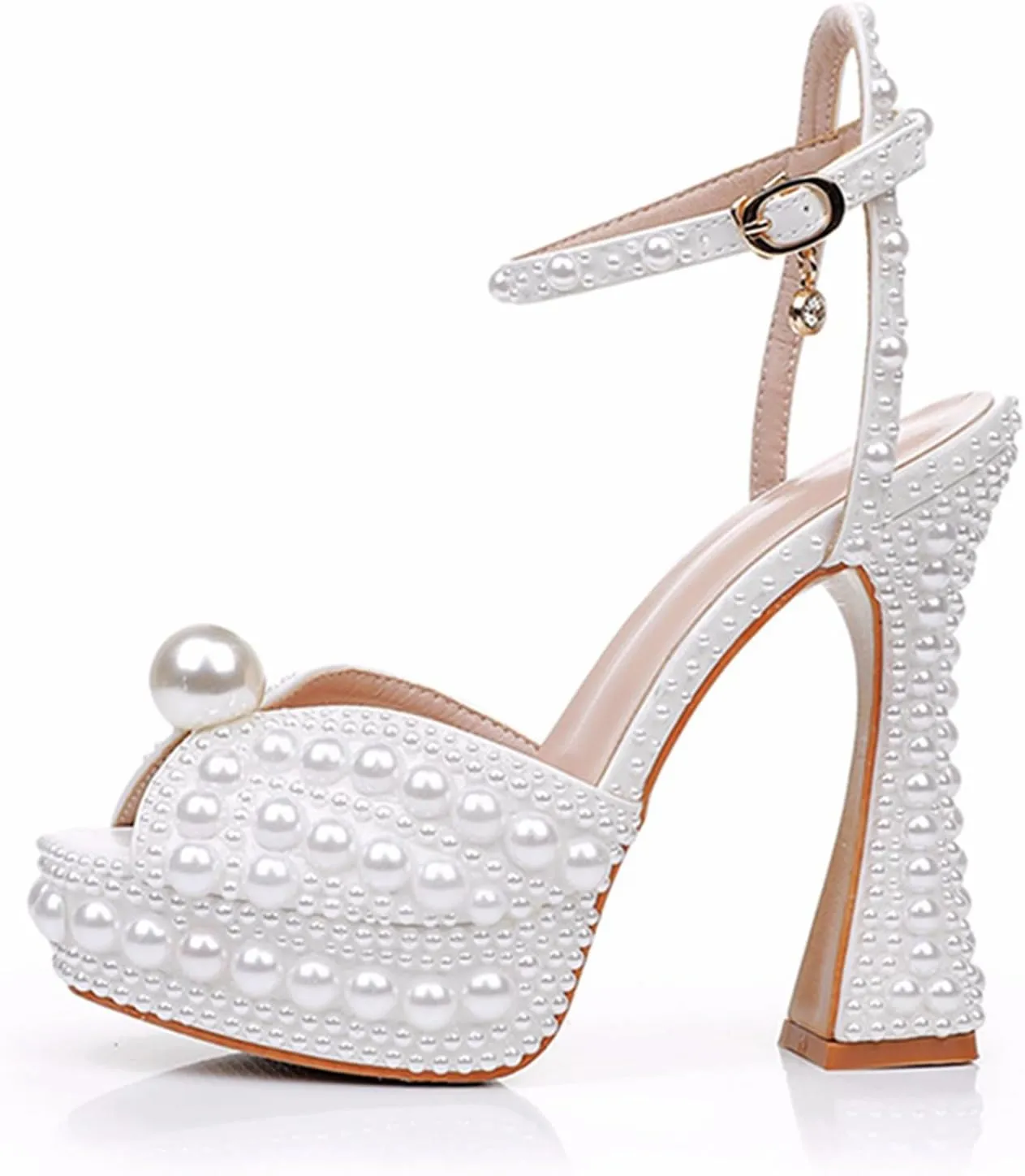 Womens High Heel Sandals, 13 CM Pearl Fish Mouth Thick Sole Hollow Pumps White Bridal Wedding Dress Shoes Waterproof Platform for Party Banquet