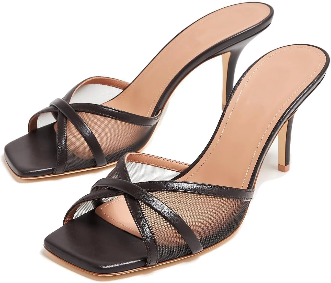 Women's High Heel Sandals Mesh Peep Square Toe Stiletto Mules Party Wedding Dress Crystal High Heels For Ladies