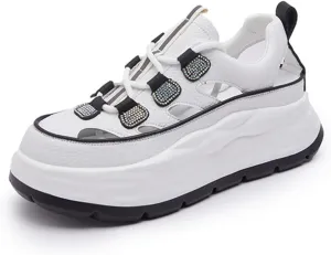 Women's Leather Lace Up Platform Sneakers,Comfortable Round Toe Low Top Lightweight Walking Shoes,Fashion Casual Non-Slip Wear-Resistant Increase Sports Shoes