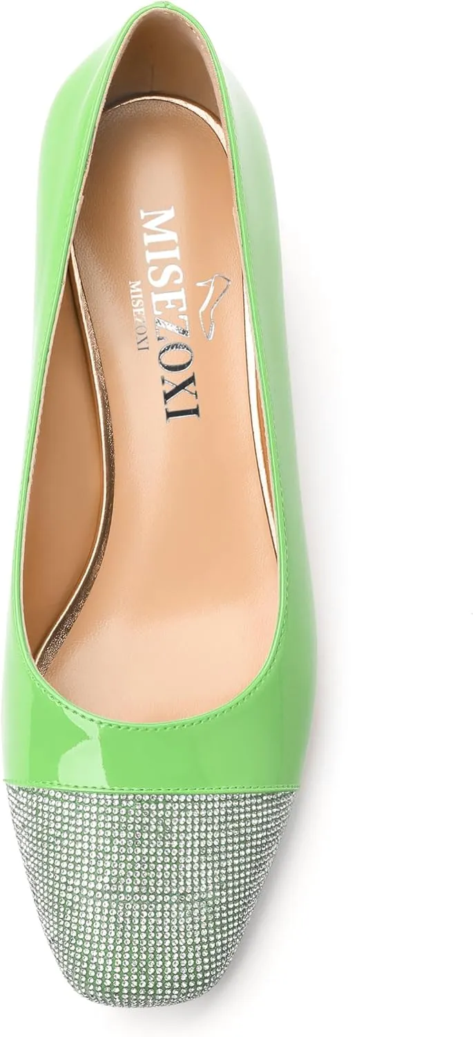 Womens Low Block Heel Pumps, Sqaure Toe Chunky Heel Pumps for Women, Color Blocking Office Daily Shoes