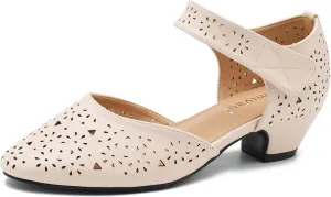 Women's Low Chunky Heel Pumps Ankle Strap Cut Out Closed Toe Retro Shoes Hook and Loop Comfortable Vintage Dressy Church Shoes Nude Matte 41-8.5US