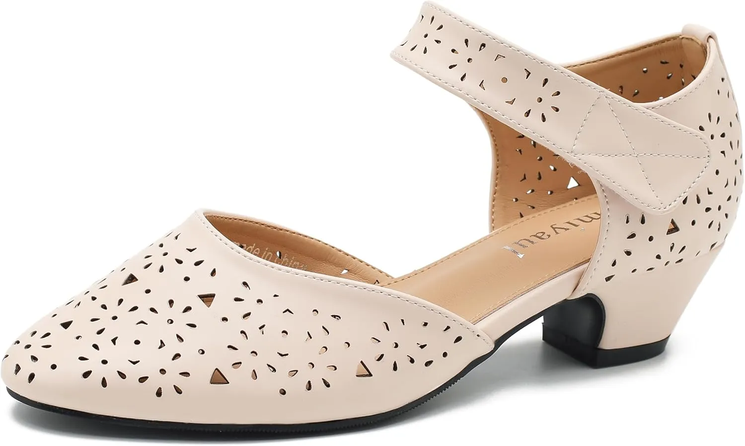 Women's Low Chunky Heel Pumps Ankle Strap Cut Out Closed Toe Retro Shoes Hook and Loop Comfortable Vintage Dressy Church Shoes Nude Matte 41-8.5US